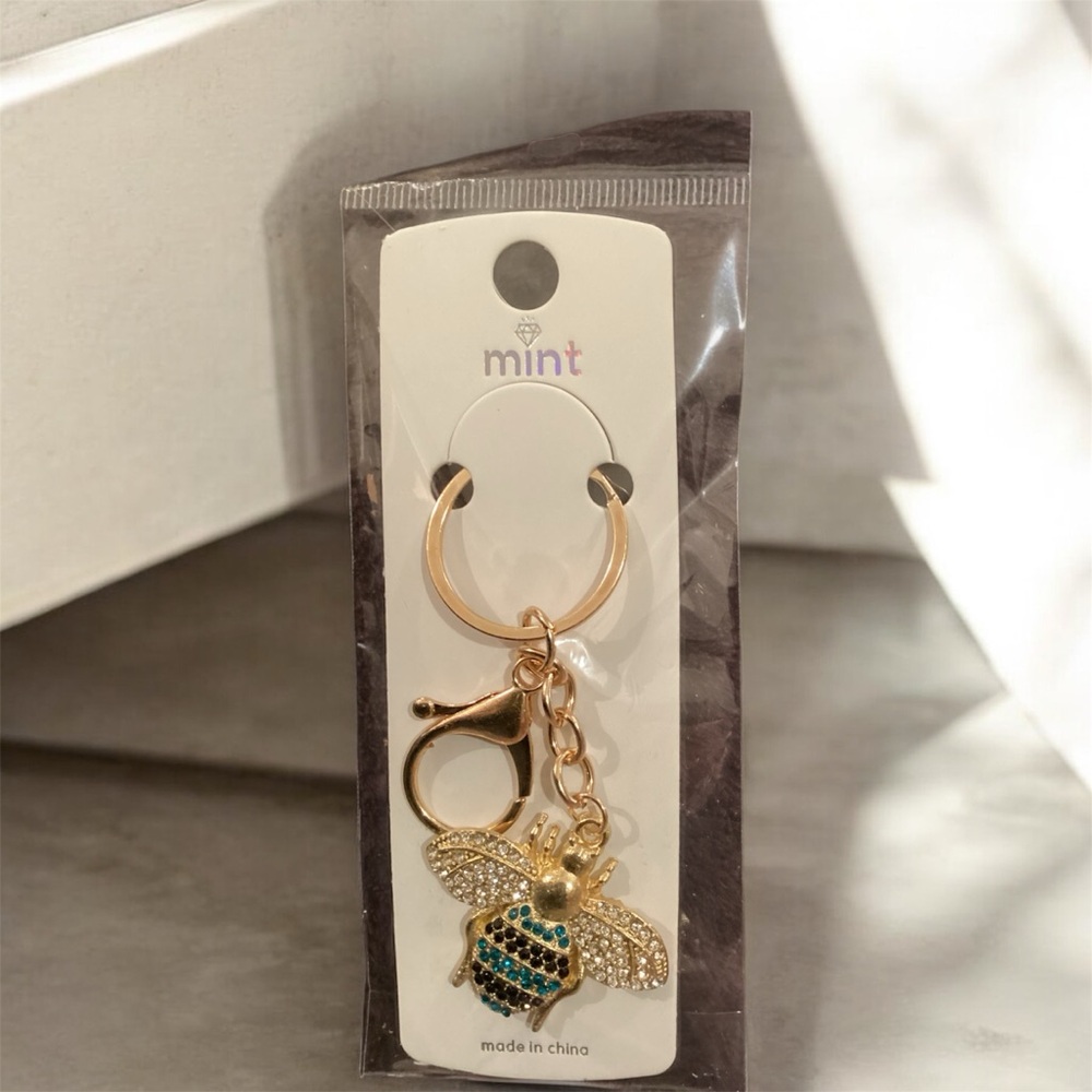 Mint Gold Bee Keychain/ Handbag Charm with Green and Black Details